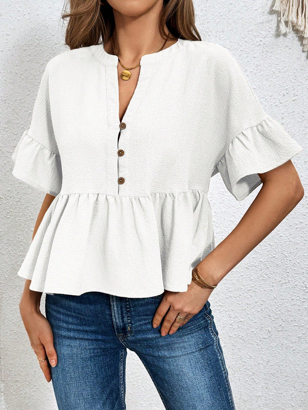 Essnce Camisa casual de textura con media tapeta y dobladillo de volantes para ropa de descanso