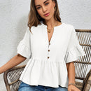 Essnce Camisa casual de textura con media tapeta y dobladillo de volantes para ropa de descanso