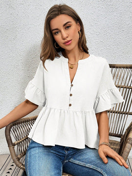 Essnce Camisa casual de textura con media tapeta y dobladillo de volantes para ropa de descanso