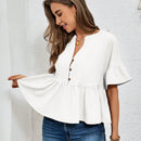 Essnce Camisa casual de textura con media tapeta y dobladillo de volantes para ropa de descanso