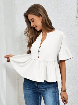 Essnce Camisa casual de textura con media tapeta y dobladillo de volantes para ropa de descanso