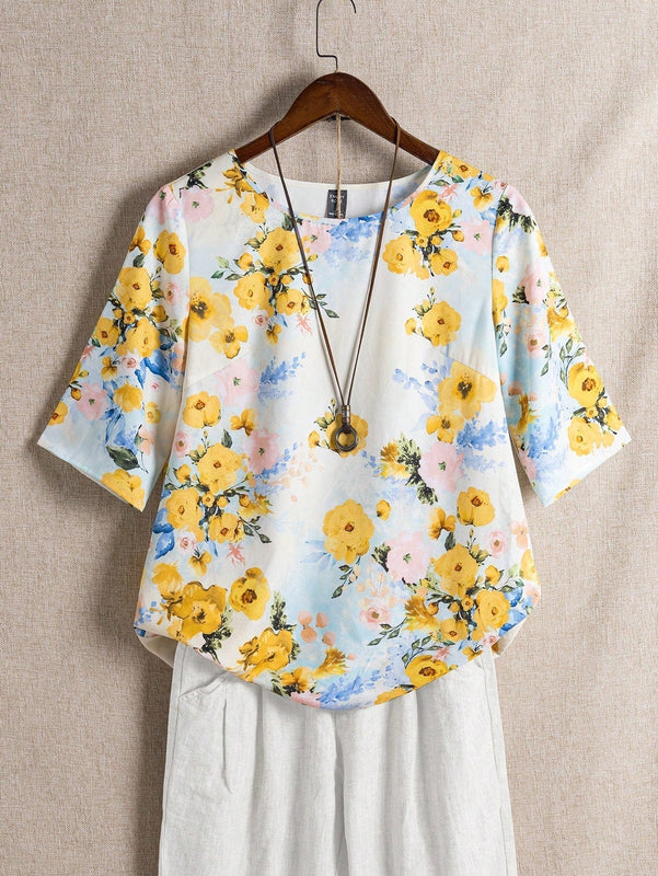 NEW EMERY ROSE Blusa de cuello redondo y estampado floral para mujer ideal para verano