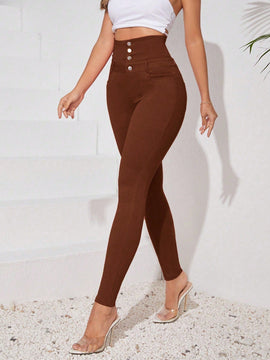 Essnce Pantalones largos ajustados de cintura alta y unicolor con botones para mujer, de moda y casual