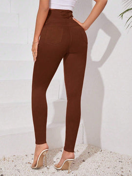 Essnce Pantalones largos ajustados de cintura alta y unicolor con botones para mujer, de moda y casual