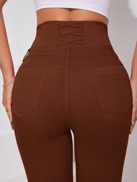 Essnce Pantalones largos ajustados de cintura alta y unicolor con botones para mujer, de moda y casual