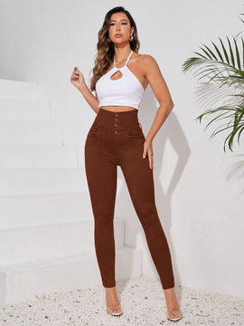 Essnce Pantalones largos ajustados de cintura alta y unicolor con botones para mujer, de moda y casual