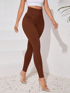 Essnce Pantalones largos ajustados de cintura alta y unicolor con botones para mujer, de moda y casual