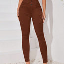 Essnce Pantalones largos ajustados de cintura alta y unicolor con botones para mujer, de moda y casual