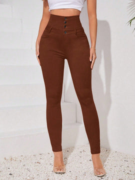Essnce Pantalones largos ajustados de cintura alta y unicolor con botones para mujer, de moda y casual