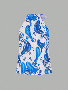 Essnce Blusa sin mangas con estampado de vacaciones de verano y cuello en V