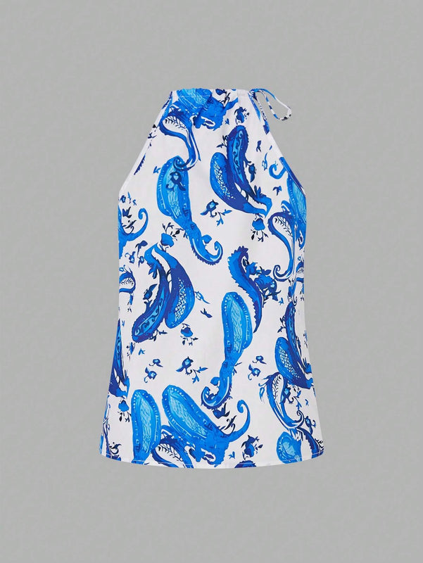Essnce Blusa sin mangas con estampado de vacaciones de verano y cuello en V