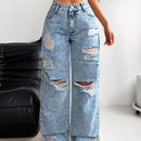 EZwear Jeans holgados a la moda para mujer, con detalles desgastados y lavado envejecido