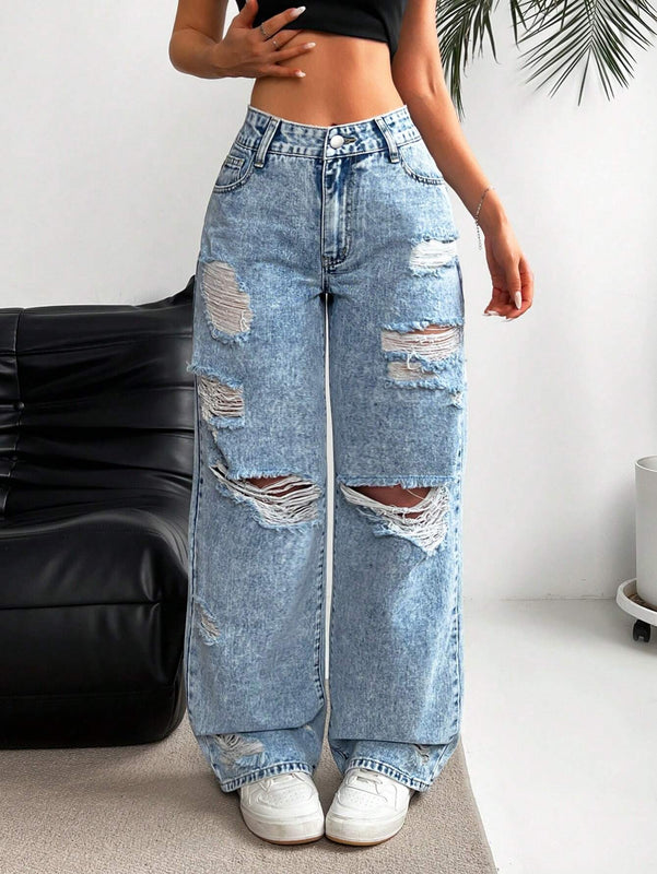 EZwear Jeans holgados a la moda para mujer, con detalles desgastados y lavado envejecido