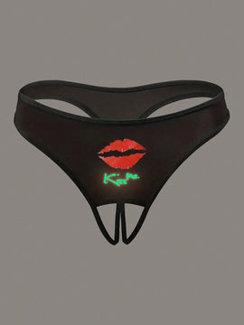 Ropa interior de mujer sexy con brillo nocturno y diseno impreso de T-Back, ropa interior delgada con entrepierna abierta