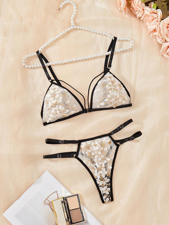 Conjunto de lenceria sexy para mujer de 2 piezas con Brasier con copa triangular transparente con bloqueo de color y tanga en T hueca sin entrepierna