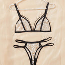Conjunto de lenceria sexy para mujer de 2 piezas con sujetador con copa triangular transparente con bloqueo de color y tanga en T hueca sin entrepierna