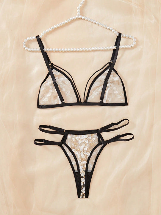 Conjunto de lenceria sexy para mujer de 2 piezas con Brasier con copa triangular transparente con bloqueo de color y tanga en T hueca sin entrepierna