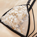 Conjunto de lenceria sexy para mujer de 2 piezas con sujetador con copa triangular transparente con bloqueo de color y tanga en T hueca sin entrepierna