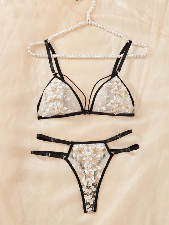 Conjunto de lenceria sexy para mujer de 2 piezas con Brasier con copa triangular transparente con bloqueo de color y tanga en T hueca sin entrepierna