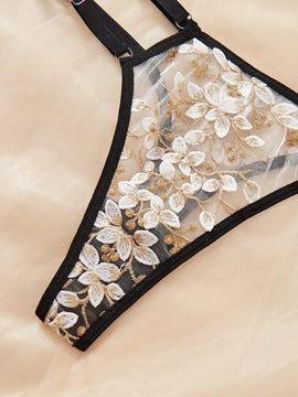 Conjunto de lenceria sexy para mujer de 2 piezas con sujetador con copa triangular transparente con bloqueo de color y tanga en T hueca sin entrepierna