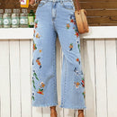VCAY Mujeres Jeans de mezclilla azul holgado con decoracion de bordado, adecuado para vacaciones en la playa y atuendo casual