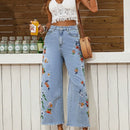 VCAY Mujeres Jeans de mezclilla azul holgado con decoracion de bordado, adecuado para vacaciones en la playa y atuendo casual