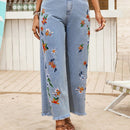 VCAY Mujeres Jeans de mezclilla azul holgado con decoracion de bordado, adecuado para vacaciones en la playa y atuendo casual