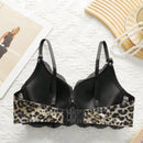 Lenceria de punto con estampado de leopardo al estilo europeo y americano, acolchada con copa gruesa, con ribete de encaje de moda y encaje bordado, adecuada para mujeres con senos pequenos, sexy y comoda