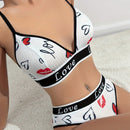 Conjunto de sujetador para mujer, bikini de triangulo comodo y respetuoso con la piel con estampado de letras y labios