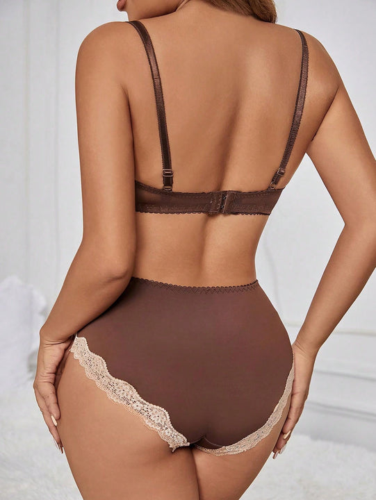 NEW Conjunto de bra push-up con costillas sexi y braguitas triangulares de mujer con cable y bloque de color