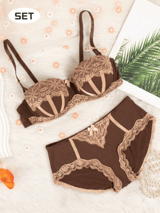 NEW Conjunto de bra push-up con costillas sexi y braguitas triangulares de mujer con cable y bloque de color