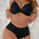 NEW Conjunto de sujetador negro sexy de encaje para mujer con aros que realza el busto