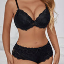 NEW Conjunto de sujetador negro sexy de encaje para mujer con aros que realza el busto