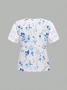 LUNE Camisa de manga corta para mujer con ribetes de malla y cuello cuadrado con estampado floral, para verano