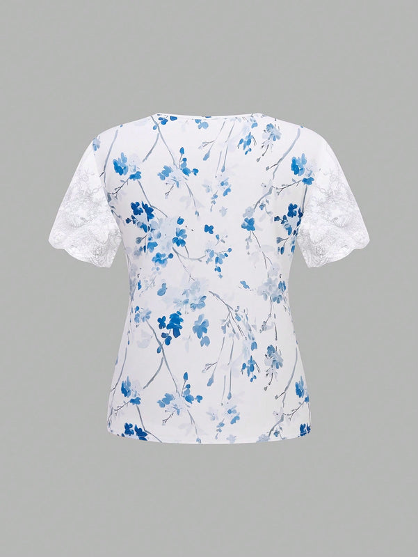 LUNE Camisa de manga corta para mujer con ribetes de malla y cuello cuadrado con estampado floral, para verano