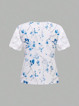 Camisa de manga corta para mujer con ribetes de malla y cuello cuadrado con estampado floral, para verano