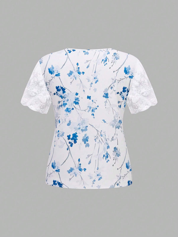 Camisa de manga corta para mujer con ribetes de malla y cuello cuadrado con estampado floral, para verano