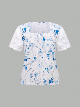 LUNE Camisa de manga corta para mujer con ribetes de malla y cuello cuadrado con estampado floral, para verano