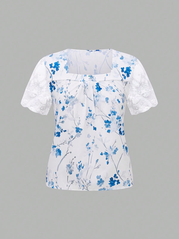 LUNE Camisa de manga corta para mujer con ribetes de malla y cuello cuadrado con estampado floral, para verano