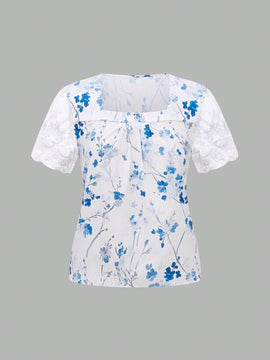 Camisa de manga corta para mujer con ribetes de malla y cuello cuadrado con estampado floral, para verano