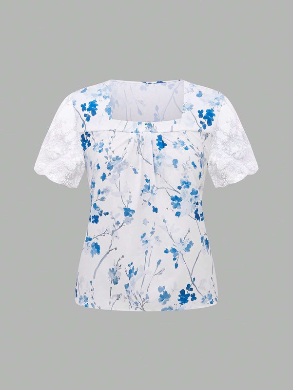Camisa de manga corta para mujer con ribetes de malla y cuello cuadrado con estampado floral, para verano