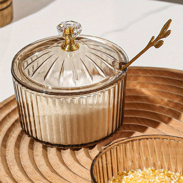 1 pieza de frasco de especias de plástico PS hecho a mano con tapa y cuchara - Almacenamiento de cocina de lujo con luz nórdica para sal, azúcar y especias - Decoración de cocina y comedor duradera y segura para alimentos, moderna vajilla de cocina, dise