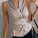 Clasi Camisa sin mangas de unicolor para mujer, casual de verano, con collar drapeado y dobladillo fruncido