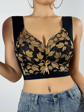 Sosten sin alambre con diseno de estampado de hojas y detalles de malla para levantar el busto y prevenir la flacidez