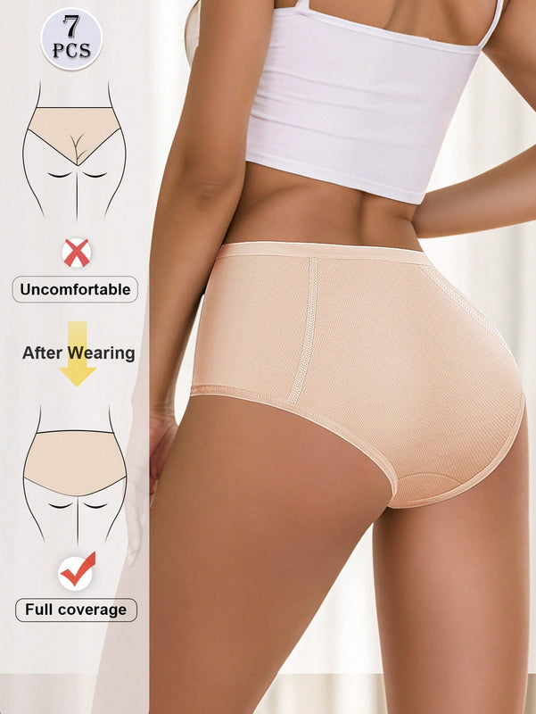 Conjunto de 7 piezas de ropa interior triangular sin costuras de malla transpirable de seda helada para mujeres, adecuado para el periodo menstrual y con cintura alta, funcion de control de abdomen y ajuste comodo a prueba de fugas
