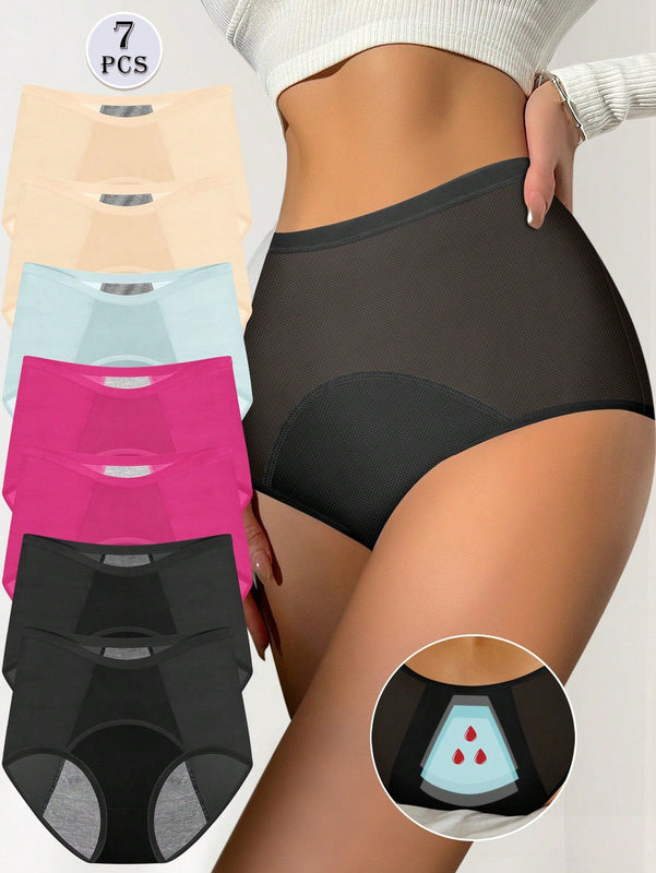 Conjunto de 7 piezas de ropa interior triangular sin costuras de malla transpirable de seda helada para mujeres, adecuado para el periodo menstrual y con cintura alta, funcion de control de abdomen y ajuste comodo a prueba de fugas