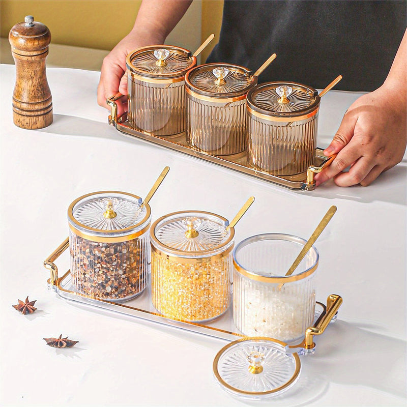 Conjunto de Condimentos Creativo para el Hogar y Cocina, Alta Belleza - 1 Bandeja con 3 Tarros y Cuchara