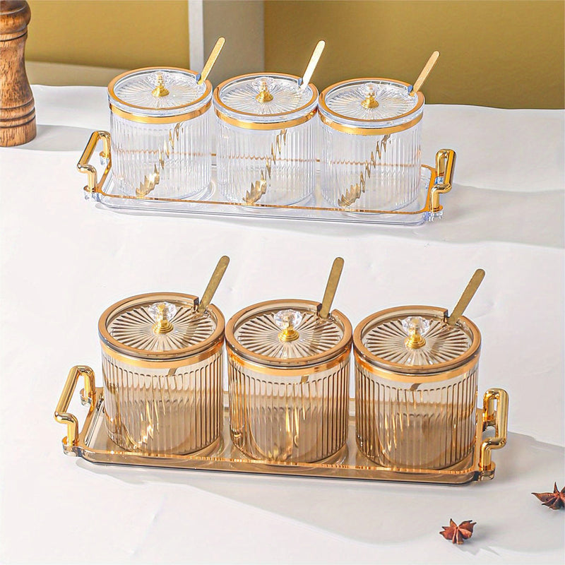 Conjunto de Condimentos Creativo para el Hogar y Cocina, Alta Belleza - 1 Bandeja con 3 Tarros y Cuchara