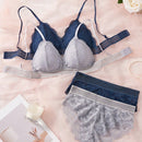 Conjunto de ropa interior de sujetador inalambrico de encaje de flores comodo para mujeres, 2 juegos