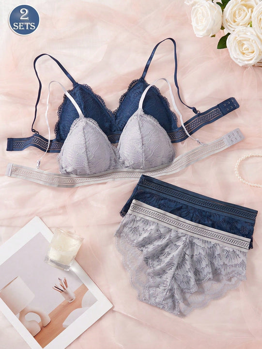 Conjunto de ropa interior de sujetador inalambrico de encaje de flores comodo para mujeres, 2 juegos